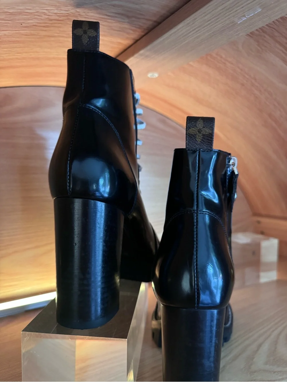 Louis Vuitton Black Patent Lace-Up Chunky Heel Ankle Boots with White Laces